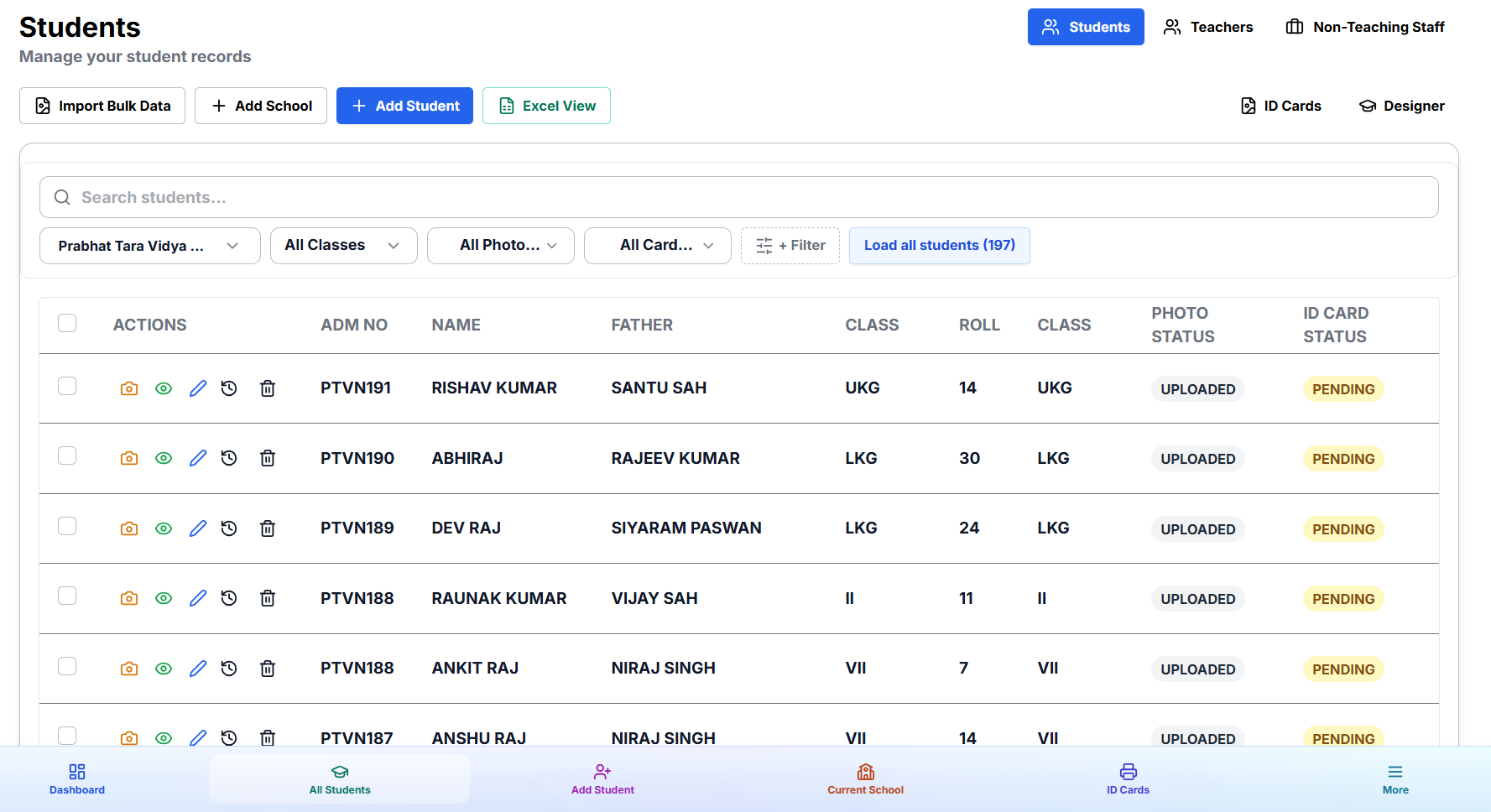 Student management with bulk import and quick photo upload