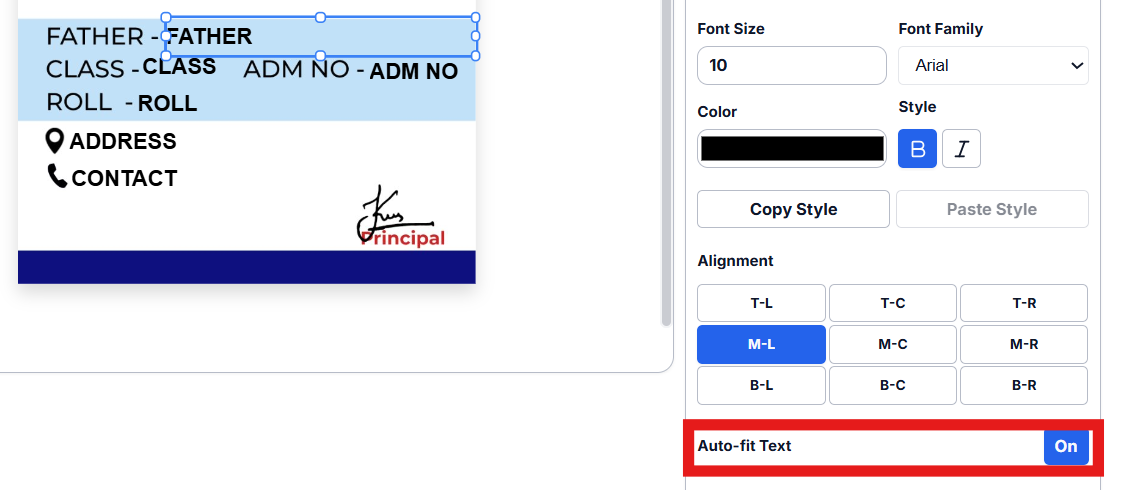 Auto-fit text feature in ID card designer — text shrinks to fit any field automatically