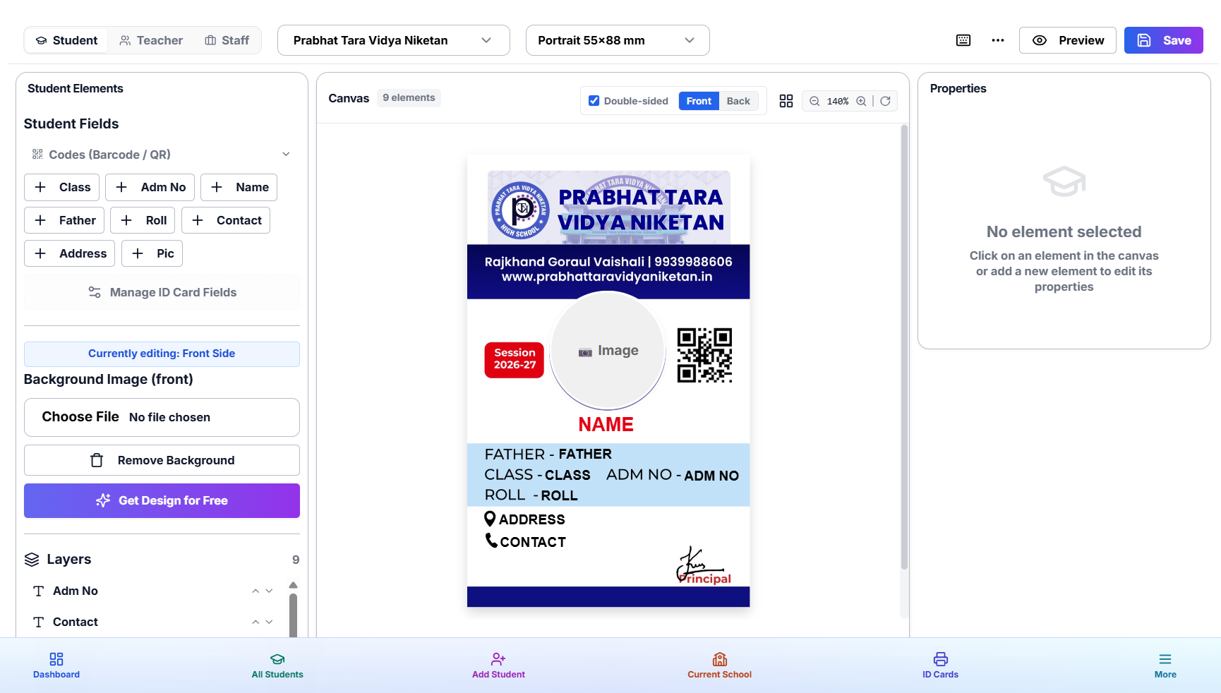 Drag-and-drop ID card designer with live preview